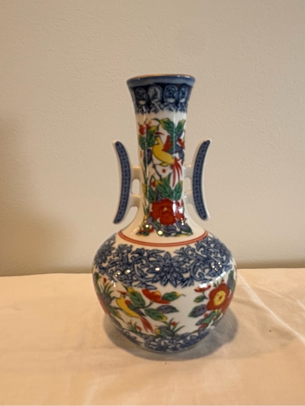 Vintage Otagiri OMC Vase Side Handles Yellow Bird Blue Design 9”